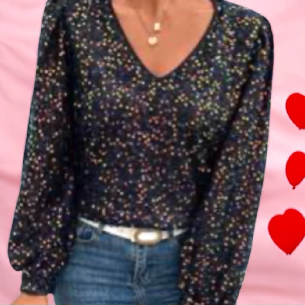 Sequin Shine Multicolor Fabric Long Sleeved Blouse New Sparkly Party Large